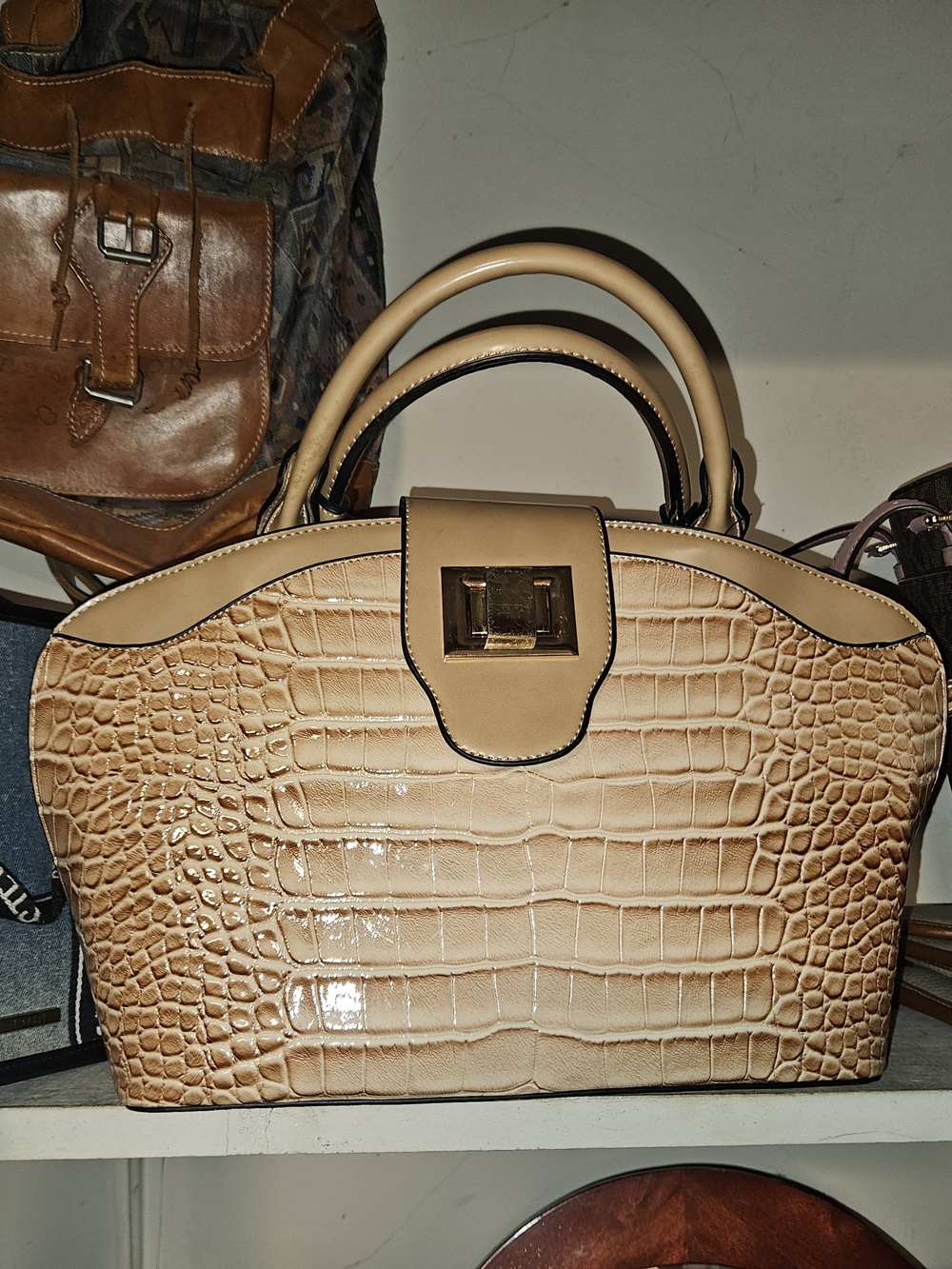 Cream Croc-Embossed Top-Handle Satchel